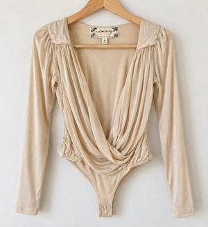 Free People Intimately Turnt Bodysuit Champagne Beige Long Sleeve Draped Top M